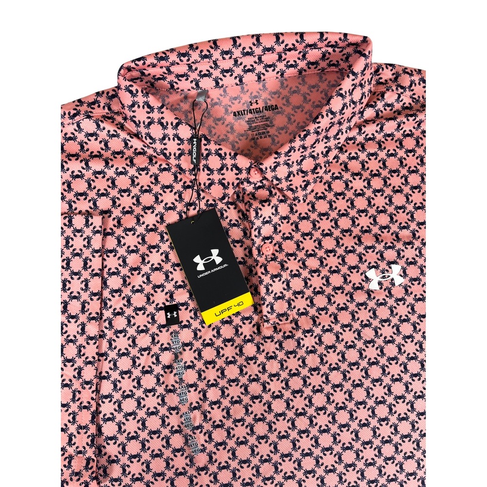 Under Armour 6009800 Mens 4XLT Matchplay Printed Polo Pink Crab Golf Shirt NEW